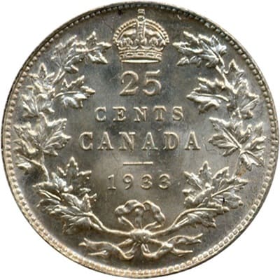 Canadian 1933 25 Cent Value