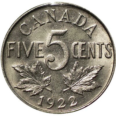 Canadian 1922 Five Cent Value